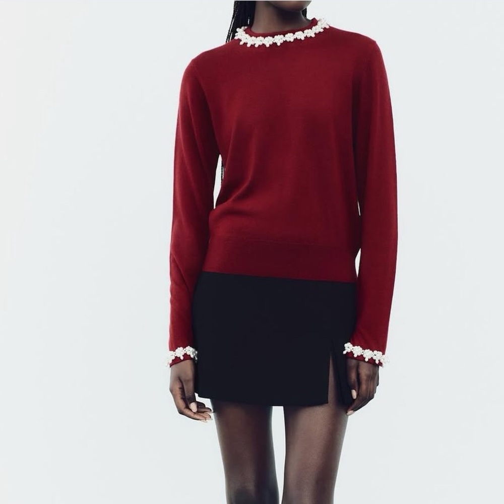 Zara NWT plain knit sweater with faux pearls red 8851/108